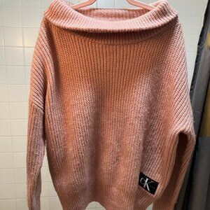 Calvin Klein Off-Shoulder Cozy Slouchy Pink Chunky Knit Sweater XS